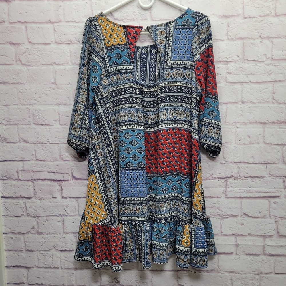 Hayden LA‎ Boho Patchwork Tunic Dress L Festival Peasant Prairie Hippie Retro - Picture 2 of 9